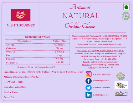 Mishti Gourmet Artisanal Natural Cheddar Cheese 1KG Block