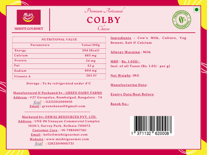 Mishti Gourmet Premium Artisanal Colby Cheese Block 1KG