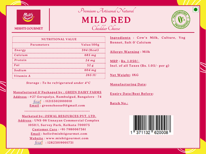 Mishti Gourmet Premium Artisanal Natural Mild Red Cheddar Block 1KG