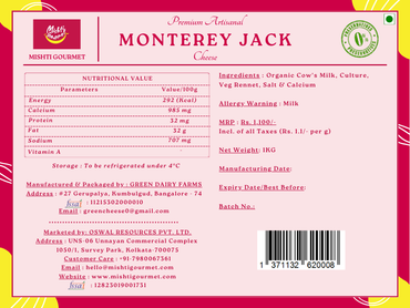 Mishti Gourmet Premium Artisanal Monterey Jack Cheese Block 1KG